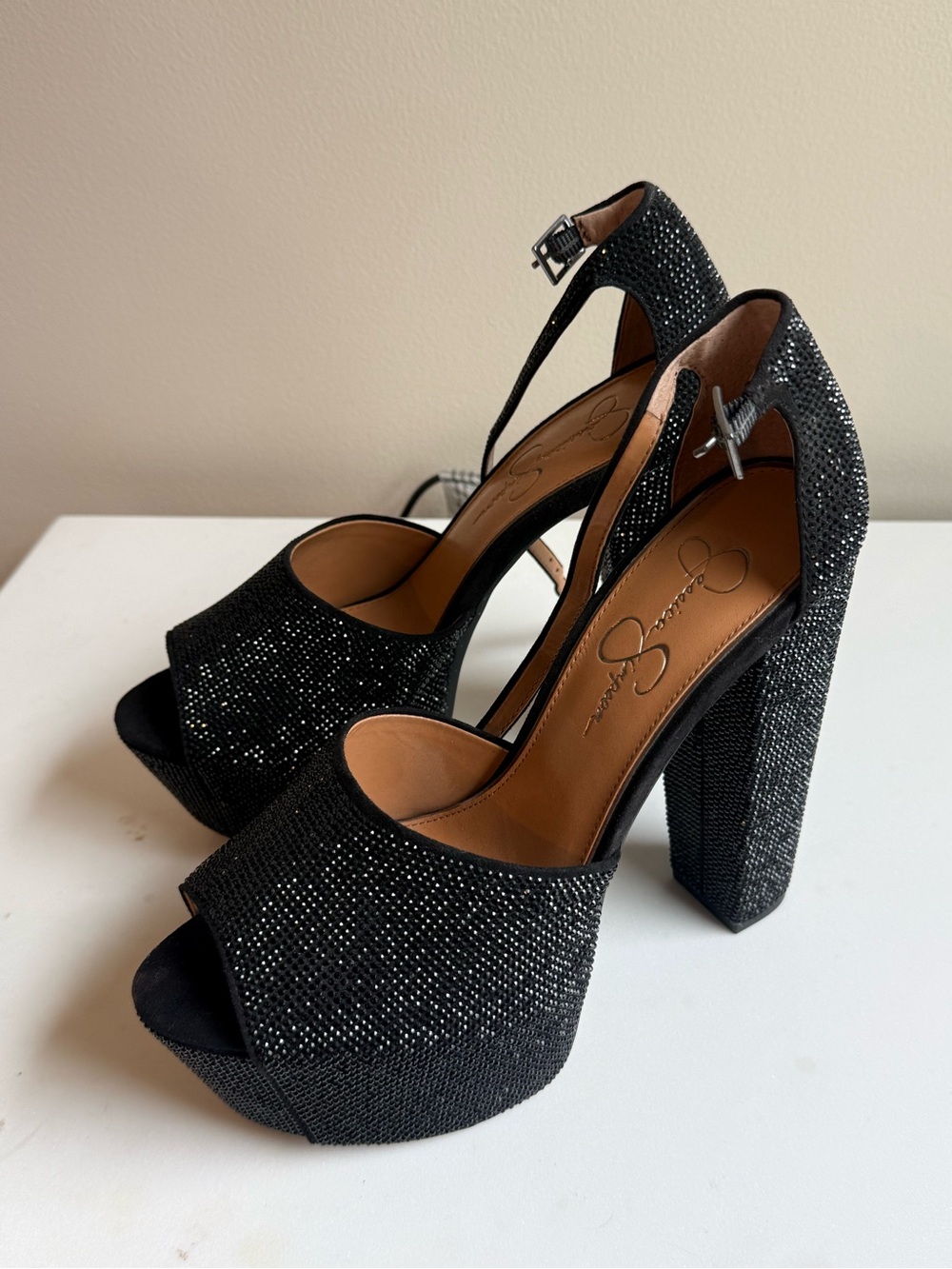 Jessica Simpson Black Rhinestone Platform Peep-Toe Ankle Strap Sandals